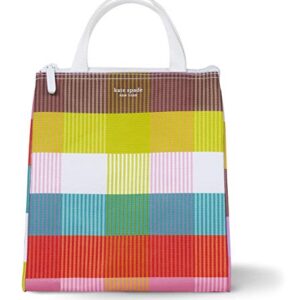 Kate Spade New York Portable Soft Cooler Lunch Bag with Silver Insulated Interior Lining and Storage Pocket, Rainbow Plaid