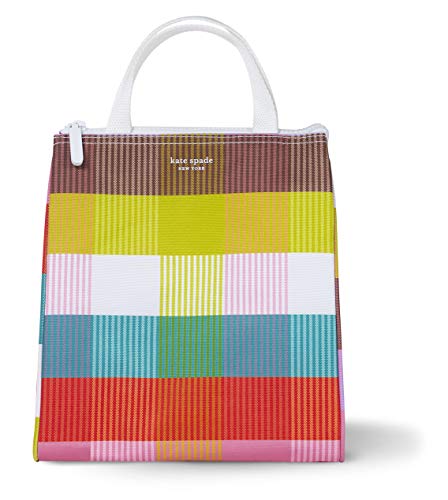 Kate Spade New York Portable Soft Cooler Lunch Bag with Silver Insulated Interior Lining and Storage Pocket, Rainbow Plaid