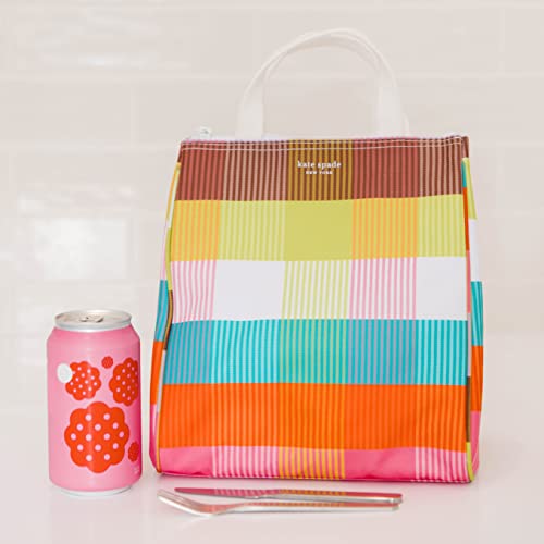 Kate Spade New York Portable Soft Cooler Lunch Bag with Silver Insulated Interior Lining and Storage Pocket, Rainbow Plaid