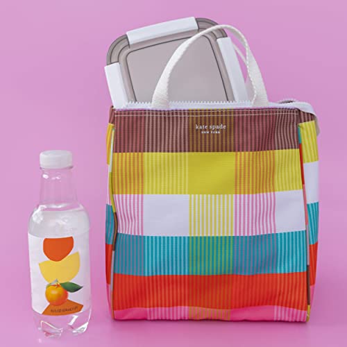 Kate Spade New York Portable Soft Cooler Lunch Bag with Silver Insulated Interior Lining and Storage Pocket, Rainbow Plaid