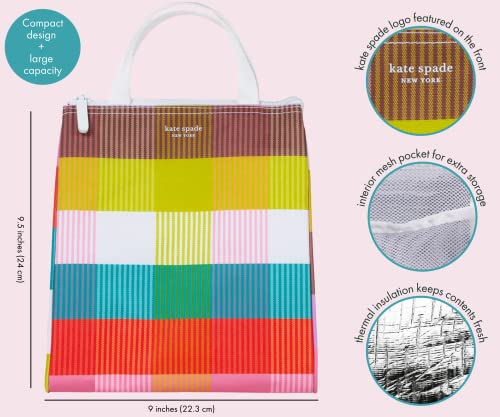 Kate Spade New York Portable Soft Cooler Lunch Bag with Silver Insulated Interior Lining and Storage Pocket, Rainbow Plaid