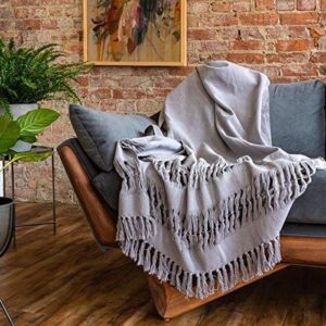 refinery29 | lennon collection | premium cotton textured throw blanket, modern fringe design for luxury home décor (50 x 70, grey)