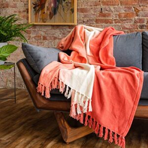 refinery29 | riley collection | premium cotton textured throw blanket, modern dip dye fringe design for luxury home décor (50 x 70, coral)