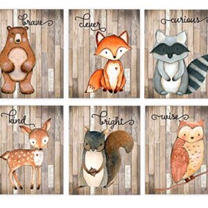 Woodland Nursery Decor for Boys - Animal Pictures Wall Art - Baby Room Animal Prints on Shiplap Background - Bear Deer Fox Raccoon Owl Squirrel Decor - Set of 6 PRINTS - 8x10 - UNFRAMED