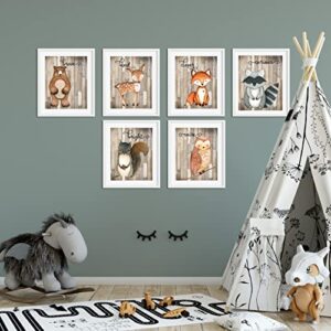 Woodland Nursery Decor for Boys - Animal Pictures Wall Art - Baby Room Animal Prints on Shiplap Background - Bear Deer Fox Raccoon Owl Squirrel Decor - Set of 6 PRINTS - 8x10 - UNFRAMED