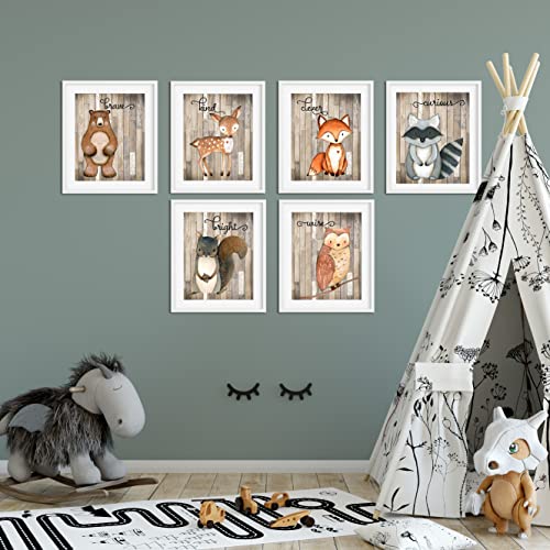 Woodland Nursery Decor for Boys - Animal Pictures Wall Art - Baby Room Animal Prints on Shiplap Background - Bear Deer Fox Raccoon Owl Squirrel Decor - Set of 6 PRINTS - 8x10 - UNFRAMED