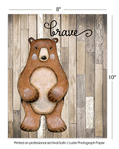 Woodland Nursery Decor for Boys - Animal Pictures Wall Art - Baby Room Animal Prints on Shiplap Background - Bear Deer Fox Raccoon Owl Squirrel Decor - Set of 6 PRINTS - 8x10 - UNFRAMED