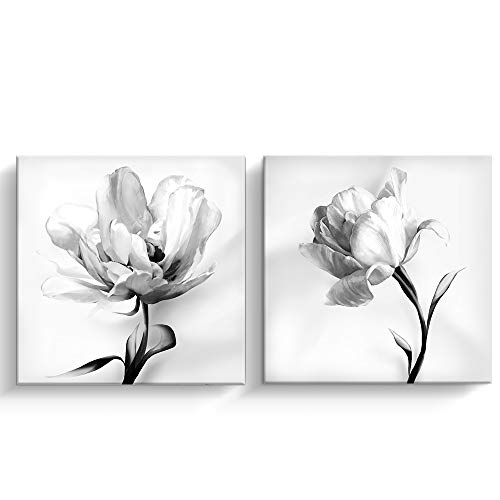 Pinetree Art 2 Panel Black And White Canvas Wall Art White Flower Rose Nordic Canvas Prints Painting Wall Decor for Living Room Wooden Framed Home Decorations - 12"x12" (White Flower, 12 x 12 2pcs)