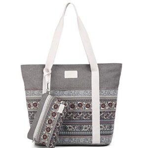 Wxnow Canvas Boho Tote Bag Top Handle for Women Shoulder Hobo Purse Beach Handbags School Word Travel Shopping Pack B-Light Grey