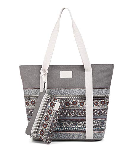 Wxnow Canvas Boho Tote Bag Top Handle for Women Shoulder Hobo Purse Beach Handbags School Word Travel Shopping Pack B-Light Grey