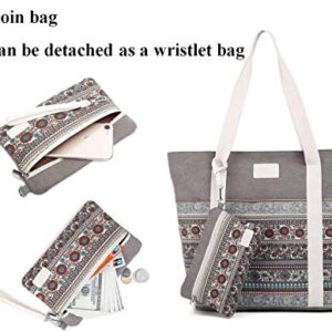 Wxnow Canvas Boho Tote Bag Top Handle for Women Shoulder Hobo Purse Beach Handbags School Word Travel Shopping Pack B-Light Grey