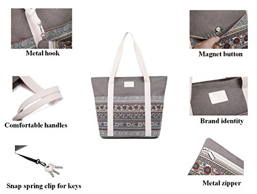 Wxnow Canvas Boho Tote Bag Top Handle for Women Shoulder Hobo Purse Beach Handbags School Word Travel Shopping Pack B-Light Grey