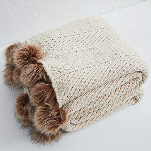 vctops Fur Pom Pom Knit Throw Blanket Super Soft Warm Cozy Cable Knitted Blanket for Sofa and Couch 51 x 63 Inch Beige Apricot