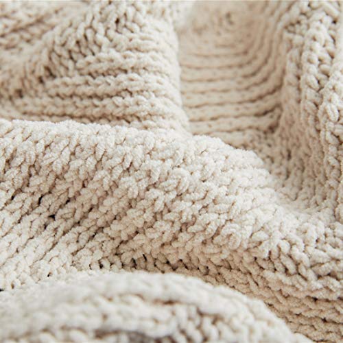 vctops Fur Pom Pom Knit Throw Blanket Super Soft Warm Cozy Cable Knitted Blanket for Sofa and Couch 51 x 63 Inch Beige Apricot