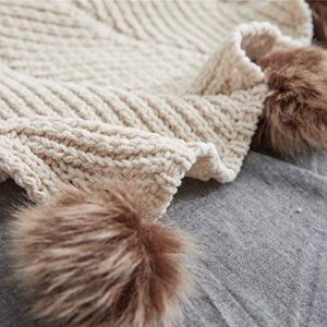 vctops Fur Pom Pom Knit Throw Blanket Super Soft Warm Cozy Cable Knitted Blanket for Sofa and Couch 51 x 63 Inch Beige Apricot