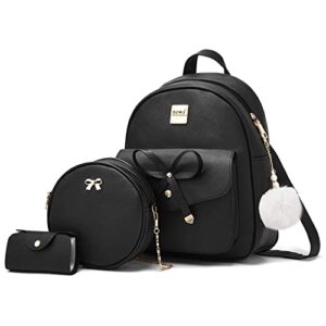 zgwj mini leather backpack purse 3-pieces bowknot small backpack cute casual travel daypacks for girls women black