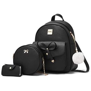 ZGWJ Mini Leather Backpack Purse 3-Pieces Bowknot Small Backpack Cute Casual Travel Daypacks for Girls Women Black