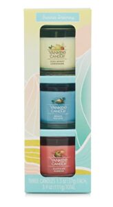 yankee candle summer dreaming 3 candle gift set with an iced berry lemonade, a beach escape, and a cliffside sunrise mini candles