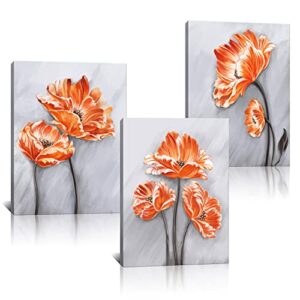 derkymo 3 panels elegant poppy wall painting orange flower canvas wall art pictures of poppy flowers for home decoration stretched and framed easy to hang 12″x16″x3pcs