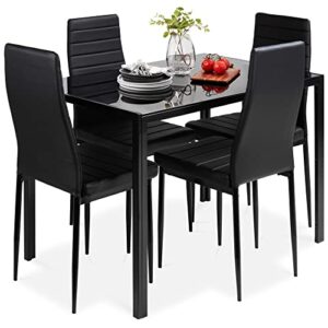 best choice products 5-piece kitchen dining table set for dining room, kitchen, dinette, compact space w/glass tabletop, 4 faux leather metal frame chairs – black