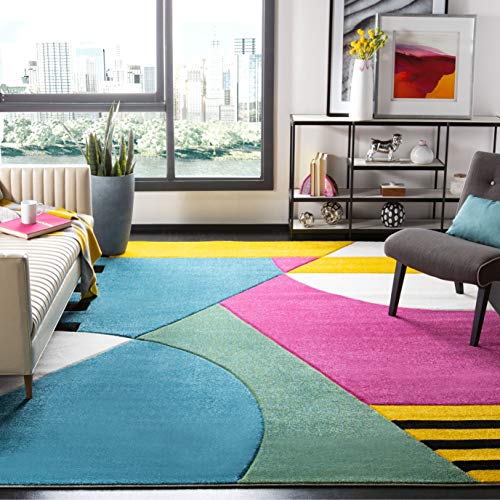 SAFAVIEH Hollywood Collection 4' x 6' Peacock Blue / Fuchsia HLW706C Mid-Century Modern Non-Shedding Living Room Bedroom Accent Rug