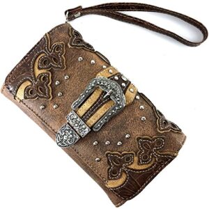 Justin West Tooled Laser Cut Leather Floral Embroidery Rhinestone Buckle Studded Concealed Tote Handbag Purse (Brown Wallet)