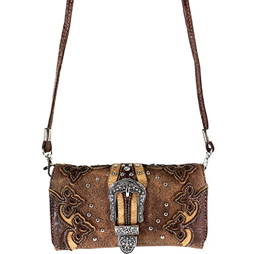 Justin West Tooled Laser Cut Leather Floral Embroidery Rhinestone Buckle Studded Concealed Tote Handbag Purse (Brown Wallet)