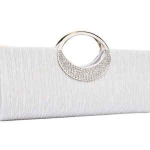 ZIUMUDY Pleated Satin Rhinestone Evening Bags Wedding Bridal Clutches Purse Wallet Handbags (White)