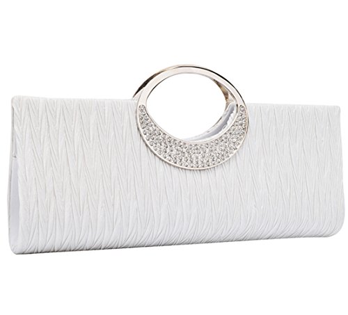 ZIUMUDY Pleated Satin Rhinestone Evening Bags Wedding Bridal Clutches Purse Wallet Handbags (White)