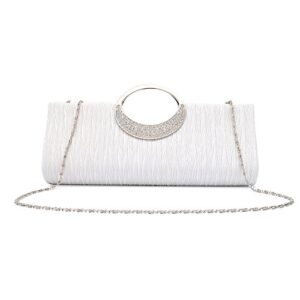 ZIUMUDY Pleated Satin Rhinestone Evening Bags Wedding Bridal Clutches Purse Wallet Handbags (White)