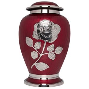 silver rose cremation urn – funeral urn with large flower on red enamel – burial urn for human ashes adult size – 100% brass