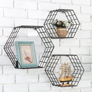 mygift black metal wall mounted crystal display shelf, modern wire decorative floating shelves for bedroom living room office, set of 3