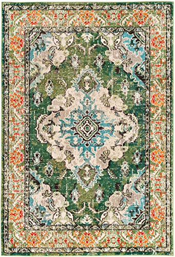 SAFAVIEH Monaco Collection 8' x 10' Forest Green/Light Blue MNC243F Boho Chic Medallion Distressed Non-Shedding Living Room Bedroom Dining Home Office Area Rug