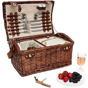 juvale large wicker picnic basket, 4 person set with utensils, outdoor, insulated cooler bag, plastic glasses, plates, stainless steel cutlery, utensils, family size (18 x 12 x 10 in, brown)