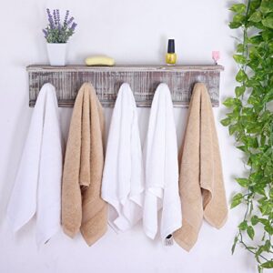 MyGift Wall Mounted Rustic Solid Torched Wood Towel Hanger Hooks and Floating Display Shelf Rack with 5 Hooks