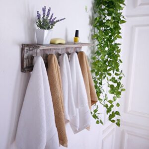 MyGift Wall Mounted Rustic Solid Torched Wood Towel Hanger Hooks and Floating Display Shelf Rack with 5 Hooks