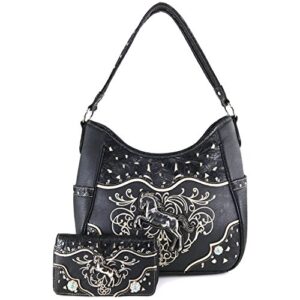 justin west western embroidery horse turquoise concho rhinestone studded shoulder tote handbag purse wallet (black purse set)