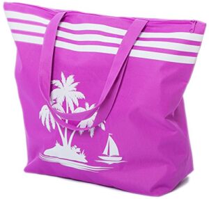 beach bag womens large canvas summer tote bags with zipper closure 19″ x 15″ x 6″ palm tree pattern (purple)