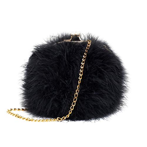 Flada Women's Faux Fluffy Feather Round Clutch Shoulder Bag, Black, Medium