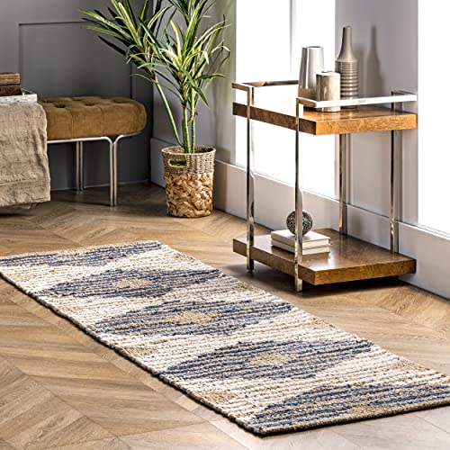 nuLOOM Hand Braided Marla Denim And Jute Diamonds Runner Rug, 2' 6" x 8', Off-white