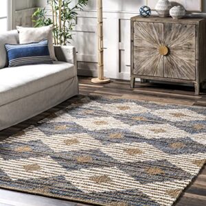 nuLOOM Hand Braided Marla Denim And Jute Diamonds Runner Rug, 2' 6" x 8', Off-white