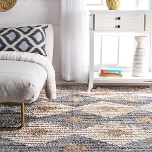 nuLOOM Hand Braided Marla Denim And Jute Diamonds Runner Rug, 2' 6" x 8', Off-white