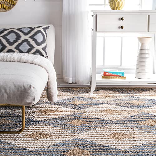 nuLOOM Hand Braided Marla Denim And Jute Diamonds Runner Rug, 2' 6" x 8', Off-white