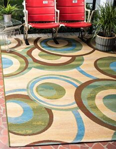 unique loom modern collection contemporary, circles, abstract, bright colors, indoor and outdoor area rug, 5′ 3″ x 8′ 0″, beige/green