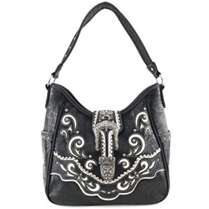 justin west floral embroidery cutout stud rhinestone buckle tooled shoulder handbag with concealed carry (black tote)