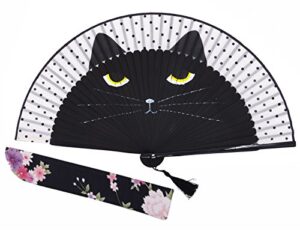 amajiji women lovely black cat folding silk fan handheld fan for wedding, dancing, church, party, gifts (black)