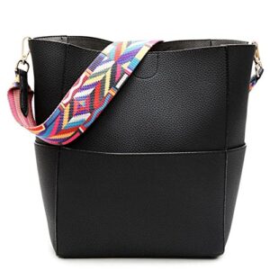 jiaruo designer bucket bag women leather wide strap shoulder bag handbag (black)