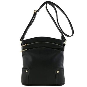ALYSSA Triple Zip Pocket Large Crossbody Bag (Black)