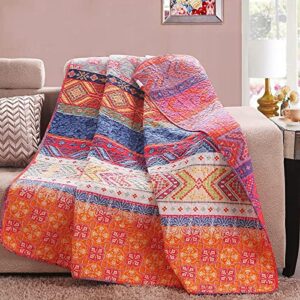 exclusivo mezcla cotton boho stripe quilted throw blanket, reversible colorful printed paisley quilt blanket, 50x60 inch, machine washable and dryable, pink