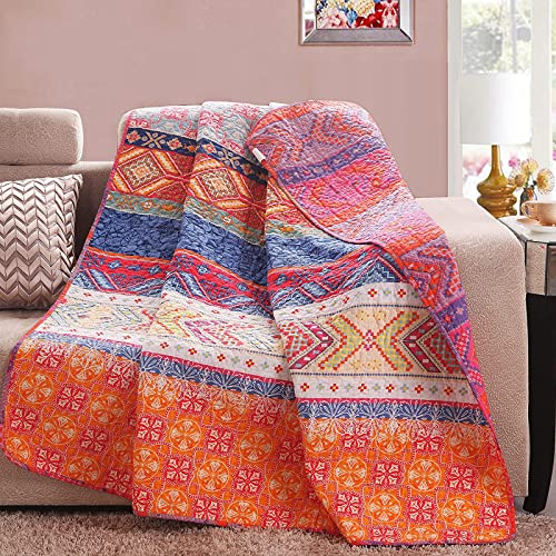 Exclusivo Mezcla Cotton Boho Stripe Quilted Throw Blanket, Reversible Colorful Printed Paisley Quilt Blanket, 50X60 Inch, Machine Washable and Dryable, Pink